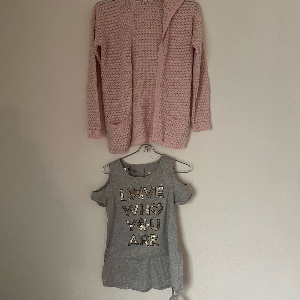 Pink Knit Cardigan and Gray Graphic Tee Set